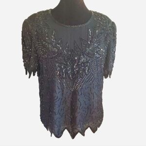 VTG 100% Silk Beaded Sequins Top Size XL WhimsiGoth Fairy Grunge 80s Maximalism